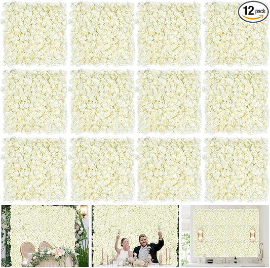 Ivory Backdrop Flowers Wall Panels: 12 Pcs 15 x 15 Inch Floral Backdrop Artificial Flower Wall Decor for Baby Shower Wedding Photo Background Decoration (3.75ft by 5ft)