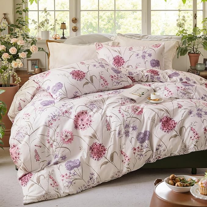 Bedding_Dreamer Queen Floral Comforter Set 100% Cotton Comforter 3 Pcs Red Pink Flower Bedding Set Lightweight Soft Reversible Bedding for All Season