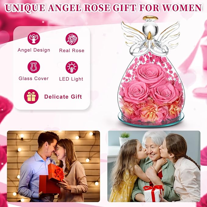 Beferr Christmas Birthday Gifts for Women, Mom Gifts for Christmas Fresh Flowers for Delivery Prime Forever Preserved Rose in Glass Angel Figurine Xmas Gifts for Grandma Wife Sister Her, Rose Pink