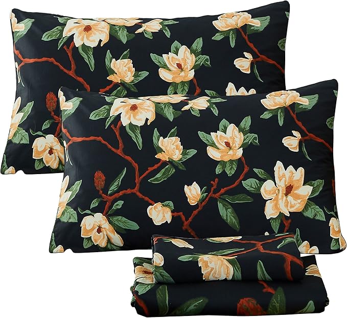 FADFAY Sheets Set Twin XL Shabby Black and Yellow Floral Bedding Elegant Peony Sheets Set Vintage Farmhouse Bedding 100% Egyptian Cotton 800 Thread Count Deep Pocket Fitted Sheet, 4Pcs-Twin XL Size