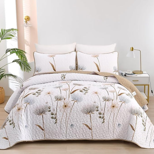 Dinjoy Floral Quilt Set Queen,Beige/Khaki Bedspread Queen Size 3 Pieces Lightweight Fall Quilts Microfiber Farmhouse Bedding Set Soft Flower Bedspreads White Coverlet Sets for All Seasons
