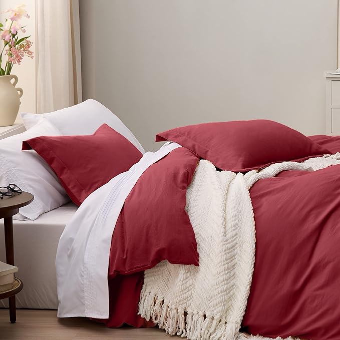 Bedsure Red Duvet Cover Full Size - 3 Pieces Prewashed Extra Soft Cotton-Like Bedding Set, Includes 1 Duvet Cover 80x90 Inches with Zipper Closure & 2 Pillow Shams, Comforter Not Included