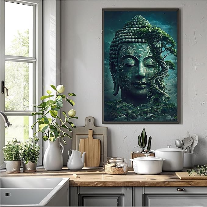 Buddha statue wall art canvas wall decor aesthetic picture mystical nature art for tranquil home and spiritual space 20x30in Metal blackFramed