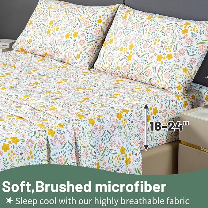 Bedlifes King Size Extra Deep Pocket Sheet Sets - Fits Mattresses Up to 18-24" Thick, 4-Piece Microfiber Set with 1800 Thread Count, Soft, Smooth, Breathable, Featuring Floral