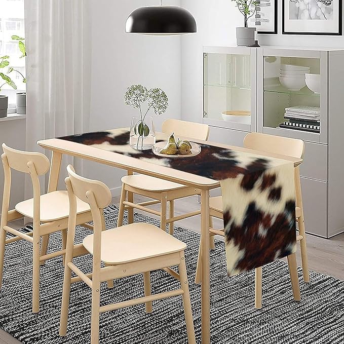 Cow Skin Print Table Runner, Vintage Cottage Country Animal Fur Skin Pattern Western Style Farmhouse Black Brown Cowhide Print Dinner Runner Home Kitchen Dining Table 13x60in
