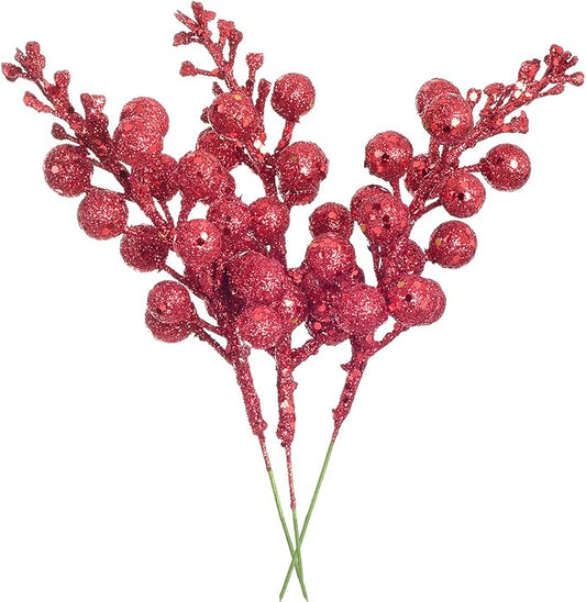 Lvydec 16pcs Christmas Glitter Berries Stems Clearance, 7.8" Artificial Christmas Picks for Christmas Tree Ornaments, DIY Xmas Wreath, Crafts, Holiday and Home Decor (Red)