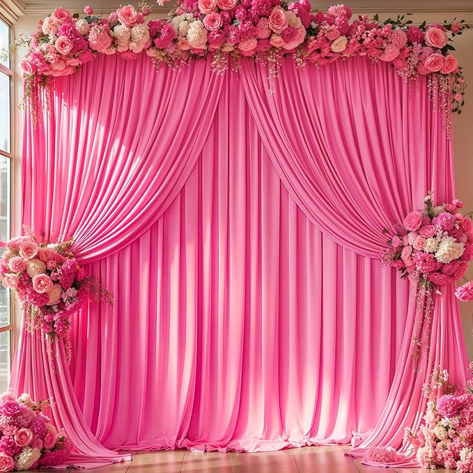 Hot Pink Backdrop Curtain 6 Panels-Wrinkle-Free Polyester Photography Drapes for Wedding Party Photo Background Decorations- 24 X10FT (Hot Pink)