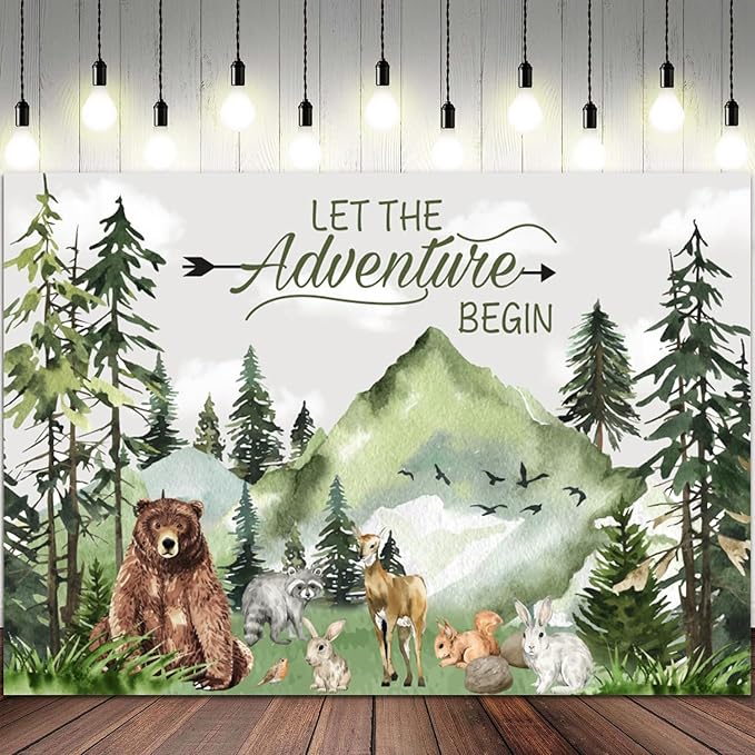 12x8ft Baby Shower Backdrop Mountain Forest Wild Animal Photography Background Cartoon Bear Woodland Green Trees White Cloud Birthday Party Banner Decorations Gender Reveal Photo Booth Prop