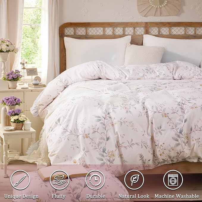 Duvet Cover Set Queen Size 3-PC Chic Garden Floral Ultra Soft 100% Long Staple Cotton Comforter Cover, Reversible Breathable Duvet Cover with Zipper Closure, Lightweight, All Season