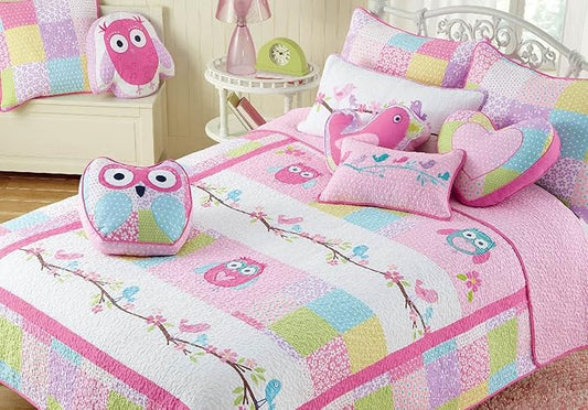 Cozy Line Home Fashions Twin - 6 Piece Cute Owl Pink Blue Green Embroidery 100% Cotton Reversible Girl Bedding Quilt Set, Coverlet, Bedspreads (1 Quilt + 1 Sham + 4 Decorative Pillows)