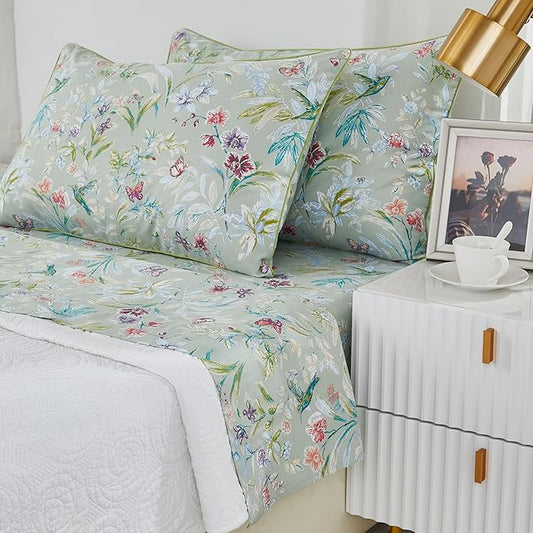Brandream Bed Sheets Garden Style Butterfly Floral Bedding Elegant Watercolor Painting Farmhouse Queen Size Sheets Set Luxury Bedding Collections 100% Egyptian Cotton Deep Pocket, 4 Piece Green