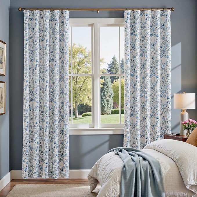 jinchan Floral Blackout Curtains for Bedroom Living Room 84 Inches Length Farmhouse Curtains Room Darkening Vintage Drapes Traditional Rod Pocket Window Treatment 2 Panels Set Blue on Beige