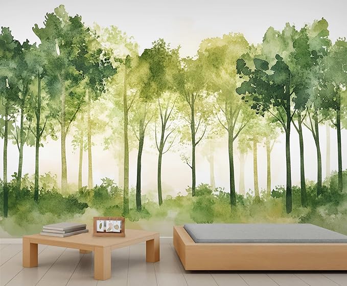 Watercolor Forest Wall Mural, Minimalist Forest Scene 3D Wall Murals, Nordic Nature Wallpaper Mural, for Living Room Bedroom Large Wallpaper Indoor Decor 169.3" W x118.2 H
