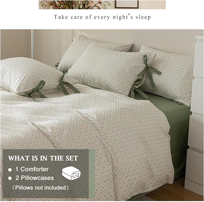 VM VOUGEMARKET Full Comforter Set Red Flower Down Comforter with 2 Bowknot Pillowcases Green White Plaid Prints Modern Farmhouse Bedding Set for All Season Bed in a Bag 80x90 Inch 3 Pieces