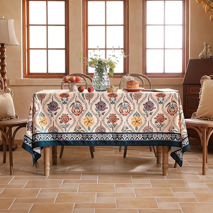 Vintage French Small Square Tablecloth,Linen Durable Tablecloth with Rose and Cornflower Pattern,Decorative Table Cover for Kitchen,Dining,Thanksgiving,Living Room,55" × 55"-Lanae