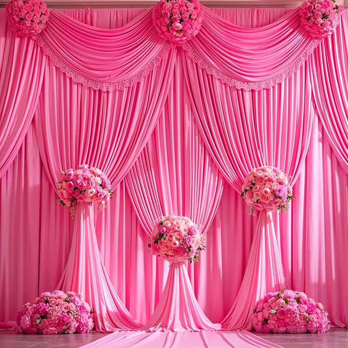 Hot Pink Backdrop Curtain 6 Panels-Wrinkle-Free Polyester Photography Drapes for Wedding Party Photo Background Decorations- 24 X10FT (Hot Pink)