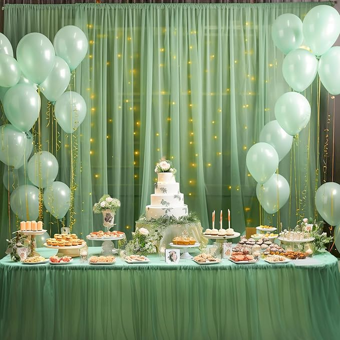30x8ft Olive Green Tulle Backdrop Curtain with Lights String for Parites, Sheer Backdrop Curtains for Wedding Baby Shower Birthday Party Photo Shoot Decorations