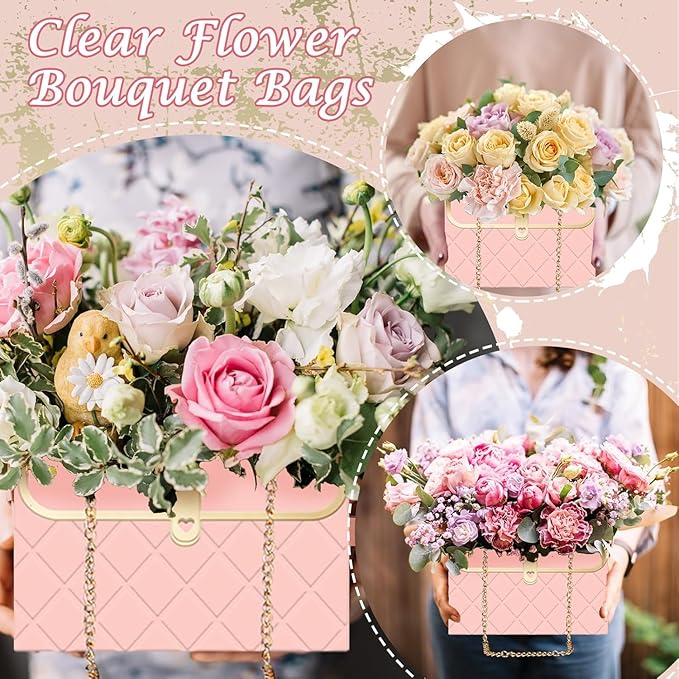 Jemattely Large Flower Paper Gift Bag,Bouquet Portable Flower Handbag Box with Metal Chain Rectangle Wedding Gift Wrap Bag Small Florist Carrier Bag for Wedding Mother Day Birthday Etc-4pcs Pink
