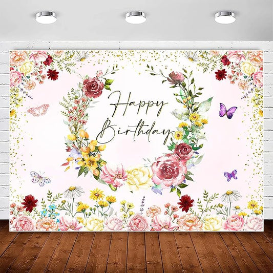 InMemory Spring Wildflower Backdrop Wild flower Birthday Decorations for Girl,Watercolor Butterfly Floral Happy Birthday Banner Background for Wildflower 1st Bday Party Supplies Photobooth Props 5x3ft