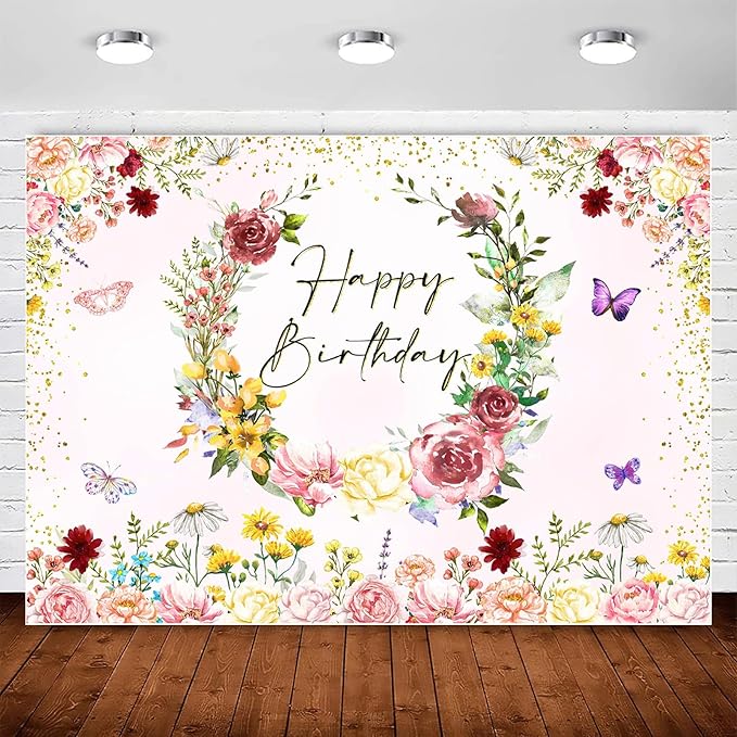 InMemory Spring Wildflower Backdrop Wild flower Birthday Decorations for Girl,Watercolor Butterfly Floral Happy Birthday Banner Background for Wildflower 1st Bday Party Supplies Photobooth Props 8x6ft