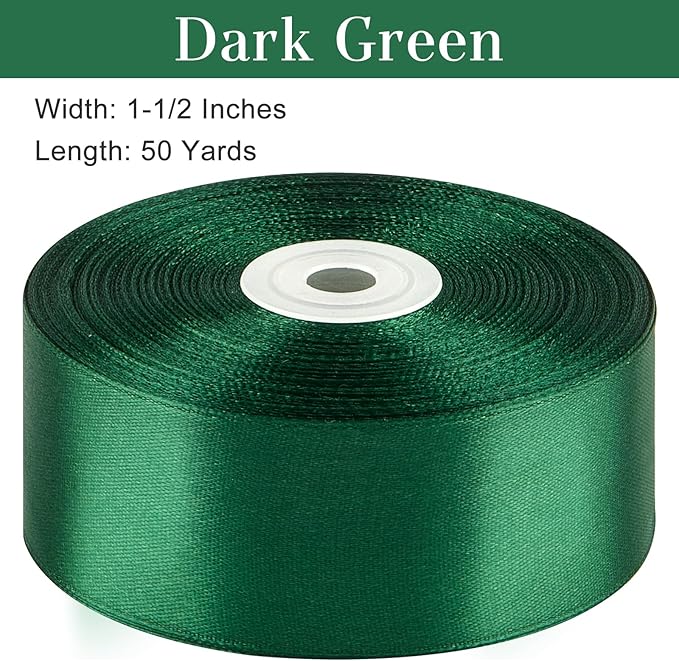 1-1/2 Inches 50 Yards Dark Green Satin Ribbon, Solid Fabric Ribbon Roll for Flower Bouquets, Gift Wrapping, Wedding, Handmade Crafts
