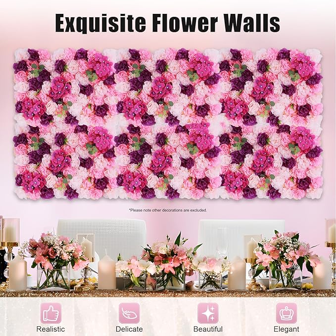 Flower Wall Panel Set,Artificial Wall Flower Backdrop,6Pcs 23.62 * 15.74 3D Silk Hydrangea Rose Floral Panel,Faux Roses Artificial Flower Backdrop for Wall Decor (6PCS Pink, Purple)