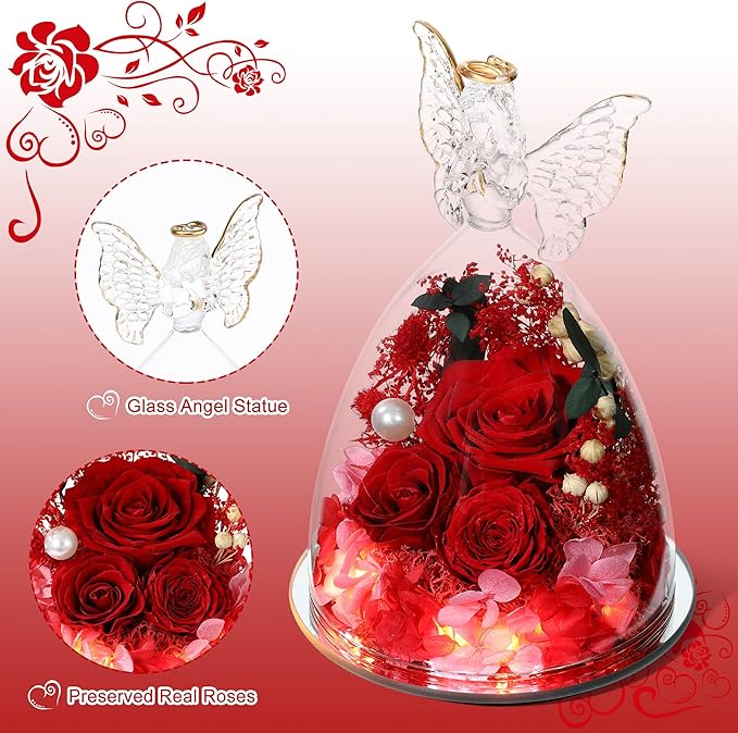 Christmas Rose Gifts for Women Preserved Real Flower in Glass Angel Figurines Roses for Delivery Prime Birthday Gifts for Mom Grandma Girlfriend Wife Her, Red Austin Roses