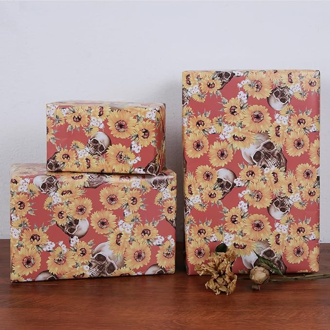 Aimyoo Orange Skull Sunflower Wrapping Paper Jumbo Roll 17 in x 60ft, Horror Gothic Gift Wrap Paper for Halloween Wedding Bridal Shower