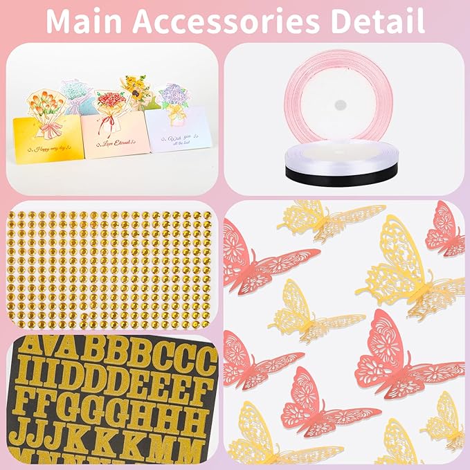 52Pcs Flower Bouquet Wrapping Paper Accessories Kit, 20 Sheets Black Waterproof Floral Wrapping Paper, 12 Gold 12 Pink Butterflies, 5 Cards, 1 Black Ribbon, 1 Letter 1 Rhinestone Sticker (Black Edge)