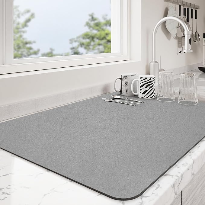 Dish Drying Mat for Kitchen Counter | Coffee Bar Mat for Countertops | Heat Resistant Drainer Mat with Non-slip Rubber Backed | Hide Stain Kitchen Absorbent Draining Mat | Grey 18"x24"