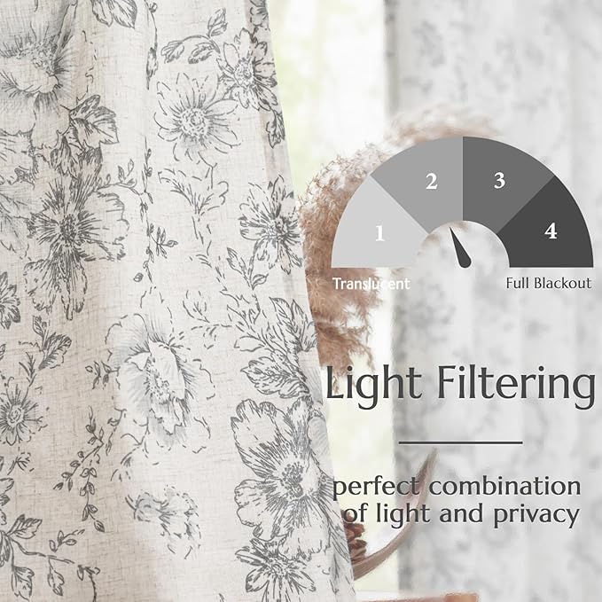 jinchan Linen Blend Curtain Floral Curtains for Living Room 108 Inch Length Grey Printed Curtain Rod Pocket Back Tab Farmhouse Peony Flower Patterned Drapes Bedroom Window Curtains Set 2 Panels