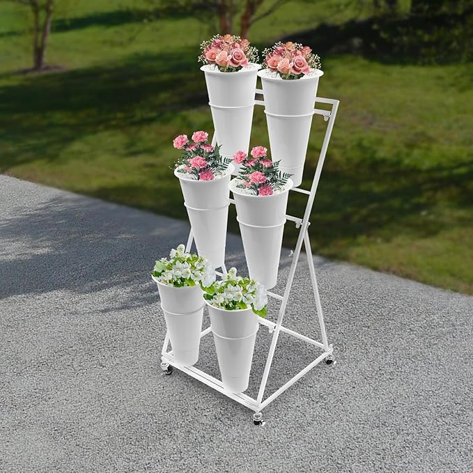 3-Tier Flower Display Stand with 6 Water Buckets – White Iron & PP Plant Rack with 4 Wheels (Brakes) – Floor Standing Flower Organizer for Florist, Wedding, Garden