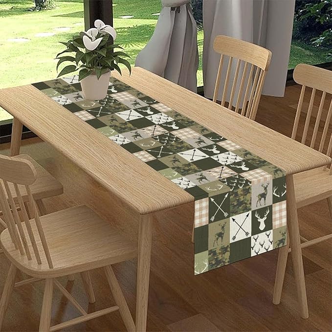 Farmhouse Table Runner, Rustic Deer Camouflage Buffalo Plaid Wild Animal Seasonal Coffee Table Center Decor for Home Kitchen Dining Patio Holiday Party Table Decorations 13x90 inches
