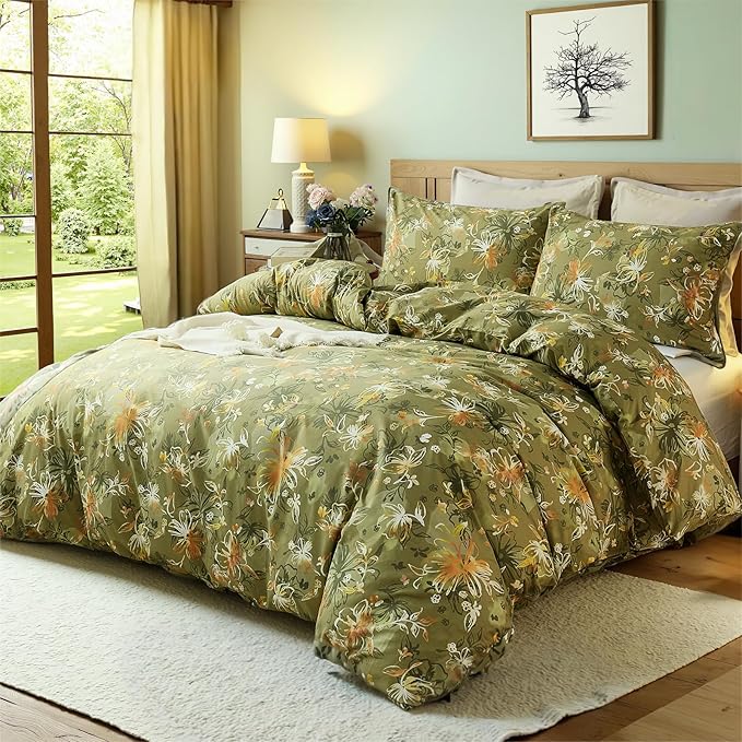 100% Cotton Duvet Cover King Size – Vintage Olive Green Floral Duvet Cover Set with Zipper Closure, 3-Piece Soft Breathable Natural Premium Cotton Bedding Set for All Seasons