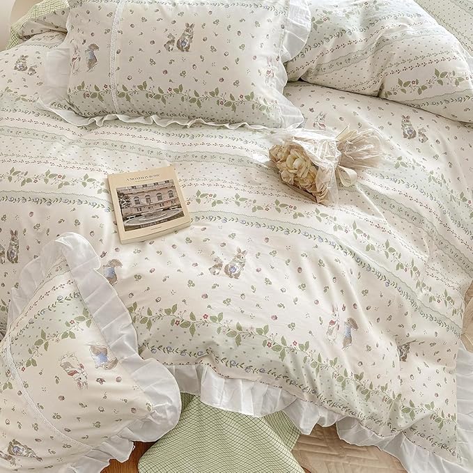 LifeTB Botanical Floral Comforter Set Full Size Cute Flower Leaves Rabbit Pattern Comforter Reversible Green Plaid Comforter Girls Princess Bedding Set Lace Ruffle Comforter Set for Kids Teen Girls