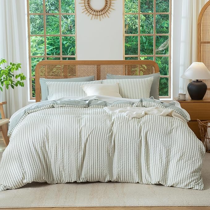 Striped Duvet Cover Queen Washed Microfiber Jacquard 3 Pieces Bedding Set, White Grayish Green Vertical Ticking Stripes Pattern Comforter Cover with Zipper Closure Breathable Durable Soft Comfy