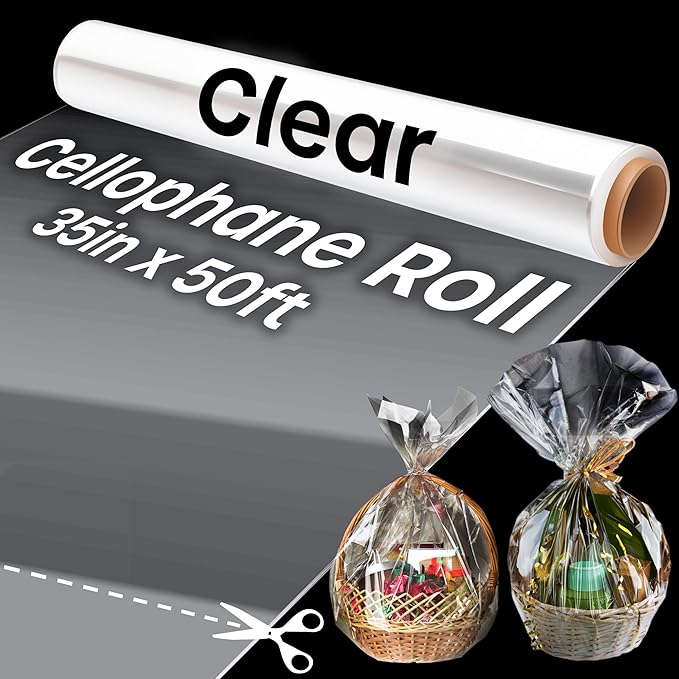 Clear Cellophane Wrap Roll (35in x 50ft) - Folded Cellophane Wrap for Gift Baskets, Cellophane for Flowers Bouquets