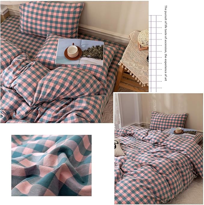 Checkered Comforter Set King Size Purple Pink Plaid Bedding Comforter Cotton Fabric with Microfiber Inner Fill Soft Fluffy Bed Set 3 Pieces Grid Bedding Checkered Pattern Comforter with 2 Pillowcases