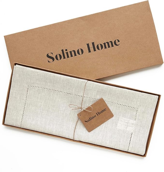 Solino Home Linen Light Natural Table Runner 156 Inches Long - 100% Pure Linen Extra Long Table Runner 14 x 156 Inch for Spring, Easter - Classic Hemstitch