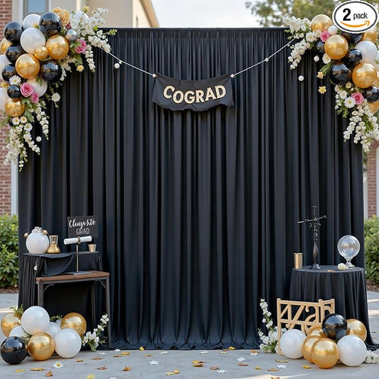 gogoparti 10 ft × 12 ft Black Backdrop Curtain for Wedding Parties, 2 Panels Wrinkle-Free 12 FT Long Polyester Photo Backdrop Drapes for Birthday, Baby Shower, Halloween Photography Background