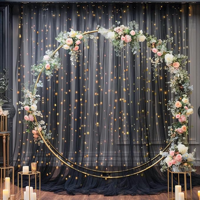 30x10ft Black Tulle Backdrop Curtain with Lights String for Parites, Sheer Backdrop Curtains for Wedding Baby Shower Birthday Party Photo Shoot Decorations
