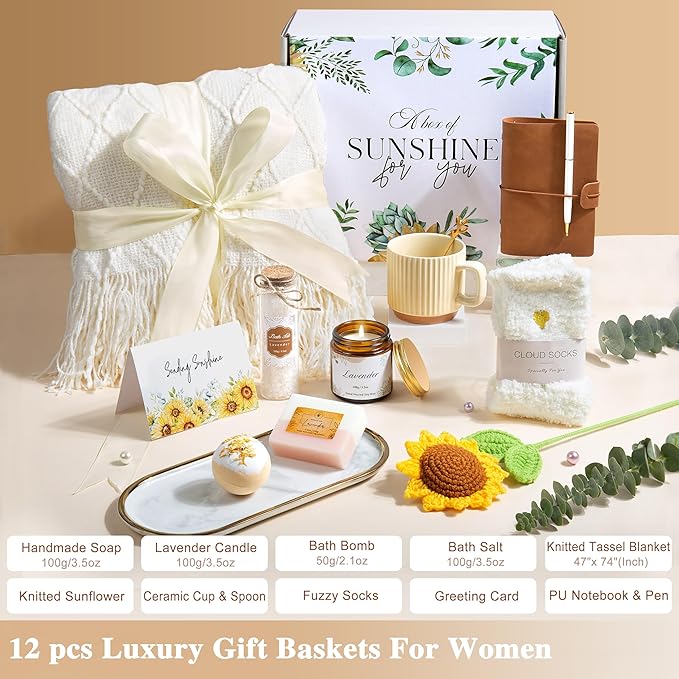 Gifts for Women, Best Friend Birthday Gifts, Get Well Soon Self Care Package Box, Sending Sunshine Sunflower Basket, Thinking of You Inspirational Christmas Gifts for Mom Her Sister Wife