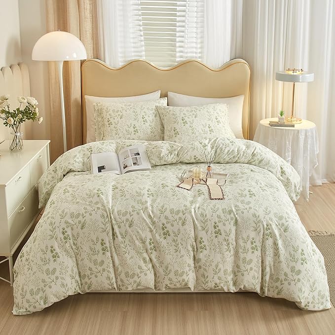 HighBuy 3 Pieces Duvet Cover Full Size White Duvet Cover with Green Floral Print,Coquette Soft Cotton Comforter Cover Boho Style,Aesthetic Full Bedding Set with Zipper Closure 4 Ties,All Season