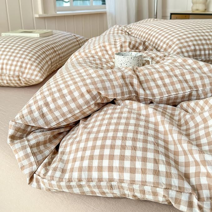 LifeTB Tan Gingham Comforter Set California King 3 Pieces Modern Plaid Comforter Set Beige Grid Comforter with 2 Pillowcases Soft Fluffy Checkered Grid Pattern Gingham Bedding Set for All Seasons