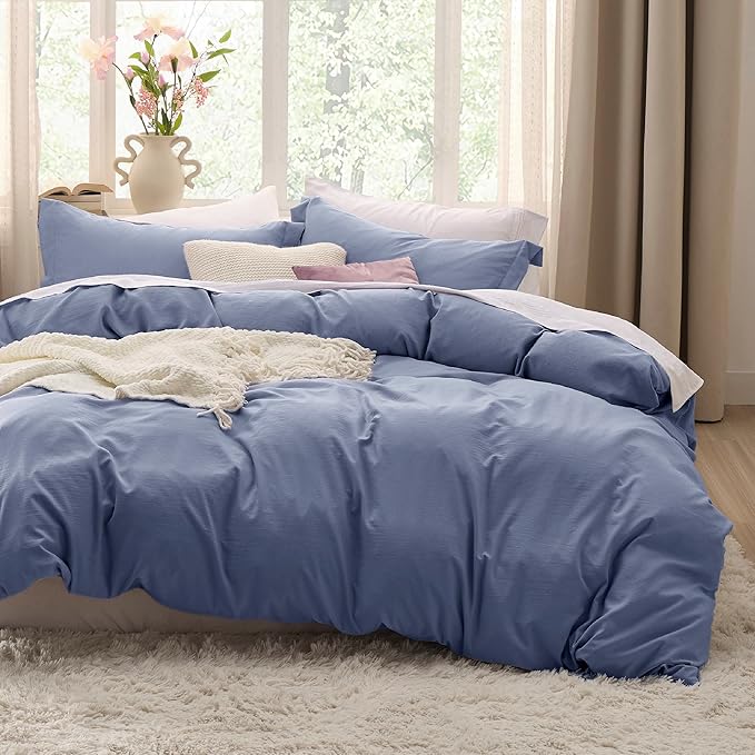 Bedsure Slate Blue Duvet Cover Queen Size - 3 Pieces Prewashed Cotton-Like Extra Soft Bedding Set, Includes 1 Duvet Cover 90x90 Inches with Zipper Closure & 2 Pillow Shams, Comforter Not Included