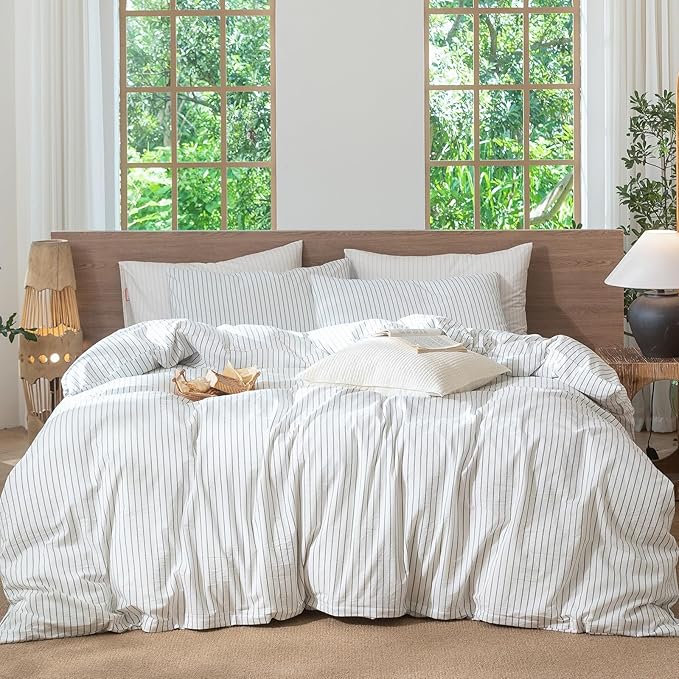MooMee Striped Duvet Cover Set 100% Washed Cotton Linen Like Textured Breathable Durable Soft Comfy (White Heathered Green Wide Stripes, Palatial King/Oversized King 120"x98")