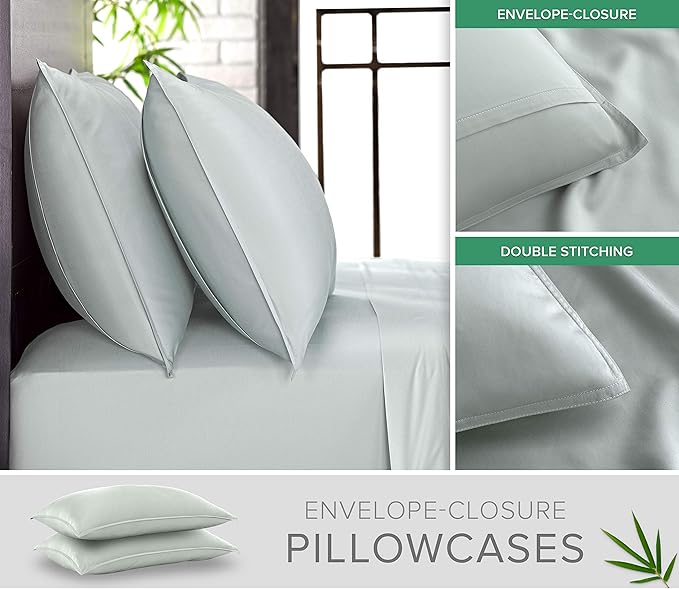 Pure Bamboo Queen Sheets, Genuine 100% Organic Viscose Derived from Bamboo Bed Sheet Set, Luxuriously Soft & Cooling, Double Stitching, 2 Year Quality Promise (Queen, Sea Glass)