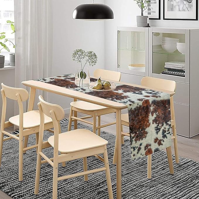 Cow Print Table Runner, Brown Cowhide Print Western Style Table Runner Country Farmhouse Cottage Cow Patten Table Decoration for Home Kitchen Dining, 13x108 in