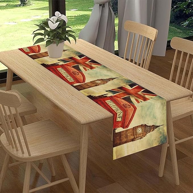 British Table Runner, Seasonal Vintage Buildings England London Culture Element Coffee Table Center Decor for Home Kitchen Dining Patio Holiday Party Table Decorations 13x72 inches