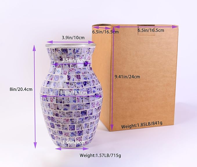 8" H Purple Mosaic Vase.Exquisite Craftsmanship.Decor Home Modern Midsize All Handmade Mosaic Vases .Beautiful Glass Vase for Home&Office Decor.Unique Gift